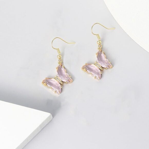 CZ Butterfly Glass Drop Dangle Earrings Silver Post Cubic Zirconia Gold Plated - Picture 3 of 6